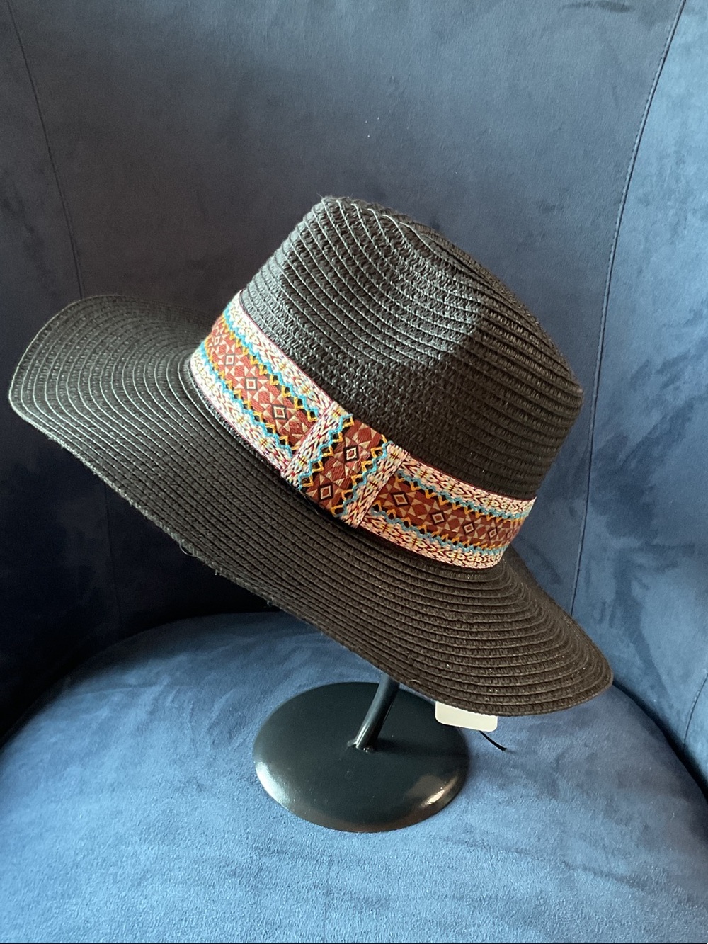 Do Everything In Love Black Straw Fedora with Multicolor Aztec Band